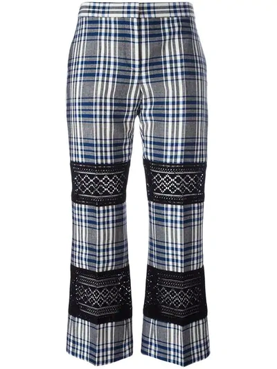 Alexander Mcqueen Celtic-check Lace-inset Kick Crop Pants, Multi In Black Blue