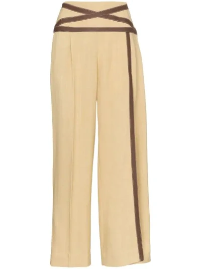 Rosie Assoulin Criss Cross Applesauce Faux Leather-trimmed Canvas Wide-leg Pants In Neutrals