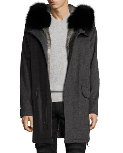 Yves Salomon Fur-lined Cashmere Parka With Fox Fur Hood, Gray | ModeSens