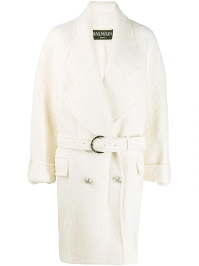 Balmain Double-breasted Knitted Coat In Ivory