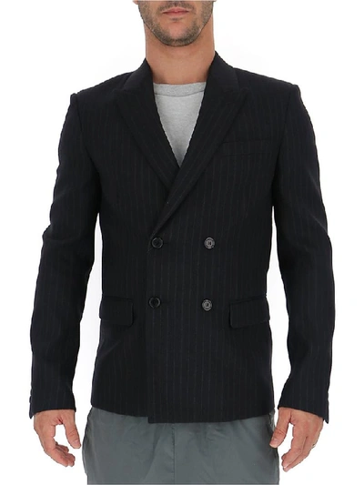 Saint Laurent Pinstriped Double Breasted Jacket In Black