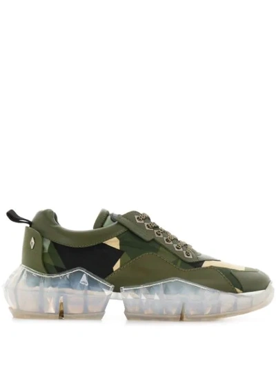 Jimmy Choo Diamond/m Army Mix Camo Print Nylon And Soft Leather Trainers With Chunky Platform In Green
