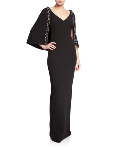 Badgley Mischka V-neck Cape Gown With Beaded Trim In Black