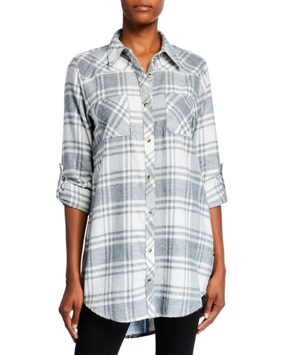 Tolani Tina Plaid Button-down Tunic With Printed Back In Ivory