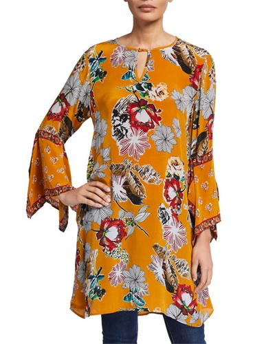 Tolani Plus Size Lucy Print Long Tunic With Drama Sleeves In Yellow