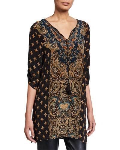 Tolani Sanaya Printed Long Silk Tunic With Tassel In Gold