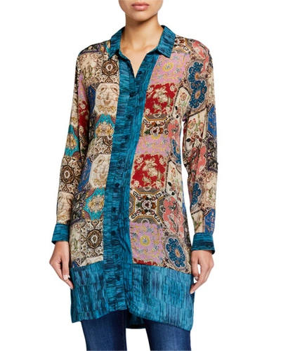 Tolani Eloise Long Silk Tunic Blouse In Multi Pattern