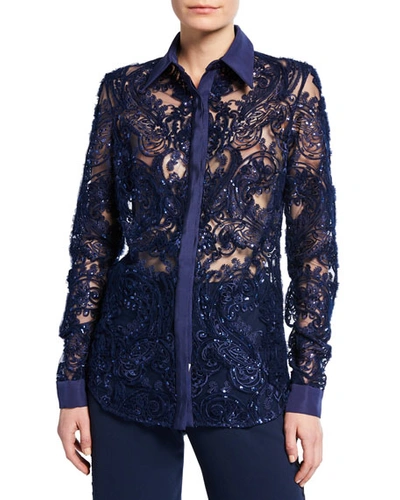 Naeem Khan Lace Button-front Shirt In Navy