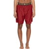 Versace Long Swim Trunks W/ Greek Key Waistband In Red