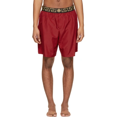 Versace Long Swim Trunks W/ Greek Key Waistband In Red