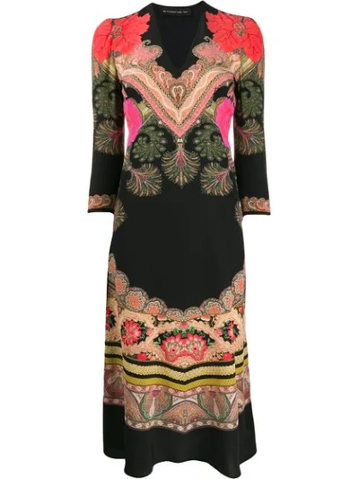 Etro Abito Floral-print V-neck Silk Midi Dress In Nero