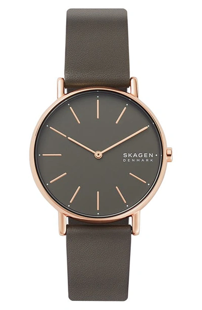 Skagen Women's Signatur Charcoal Leather Strap Watch 38mm In Grey/ Rose Gold
