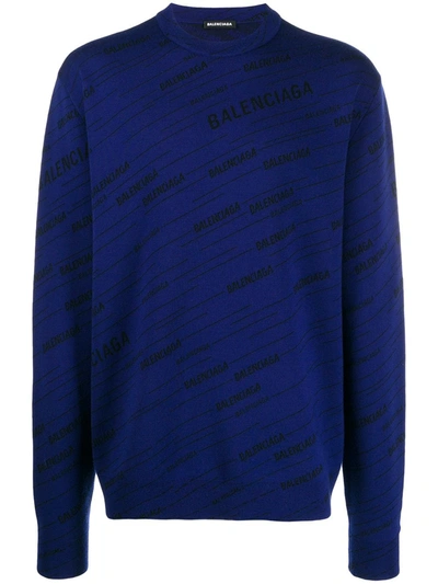 Balenciaga All-over Logo Cotton Sweater In Blue