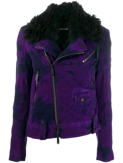 Dsquared2 Denim Biker Jacket With Fur-collar In Purple
