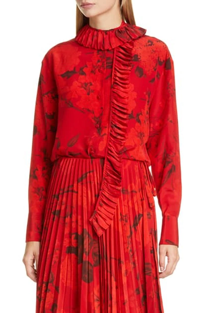 Valentino Floral Pleated Ruffle Trim Silk Crepe De Chine Shirt In Bq0-red Floral