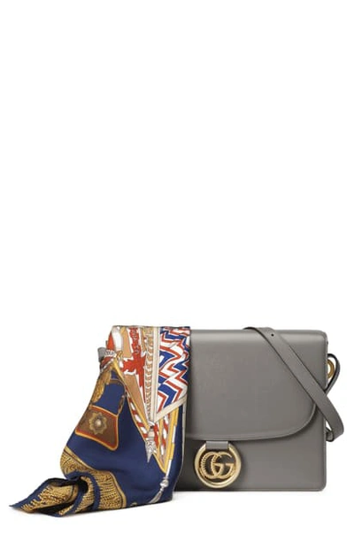 Gucci Medium Leather Shoulder Bag With Foulard Carre Flags Scarf In Dusty Grey/ Navy Yellow