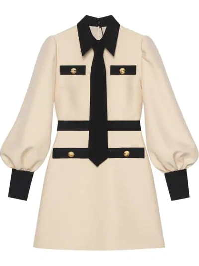 Gucci Long Sleeve Cady Crepe Dress With Removable Tie In Black & White