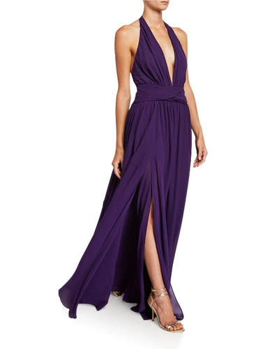 Dundas Silk Georgette V-neck Gown With Removable Cape In Purple