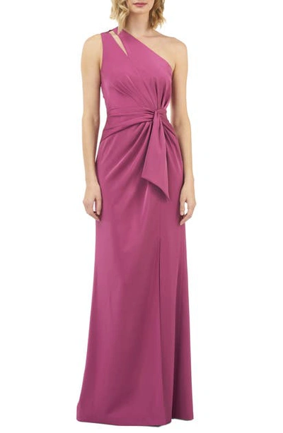 Kay Unger Emma Draped One-shoulder Stretch Faille Gown W/ Twist Detail In Autumn Berry