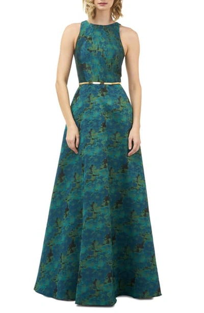 Kay Unger Charlotte Jewel-neck Sleeveless Jacquard Gown With Belt In Teal Multi