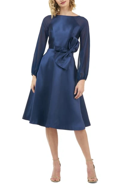 Kay Unger Jade Mikado Dress With Chiffon Blouson-sleeves & 3d Bow Detail In Navy