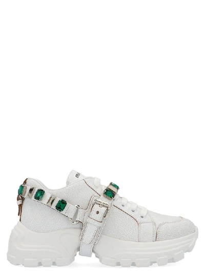 Miu Miu Embellished Strap Lace Up Chunky Sneakers In White