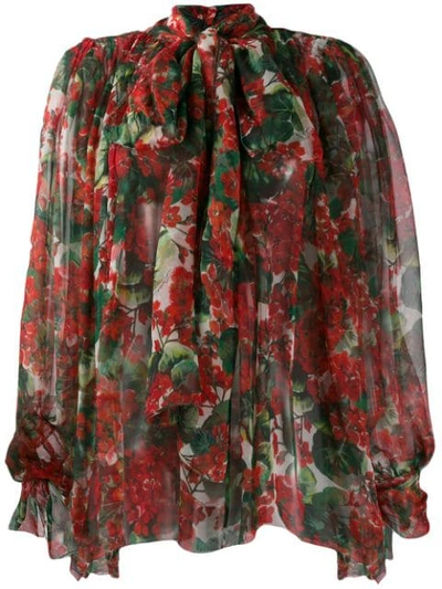 Dolce & Gabbana Geranium-print Silk Chiffon Pussy-bow Blouse In Floral Print