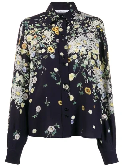 Givenchy Floral-print Silk Wide-sleeve Blouse In Blue