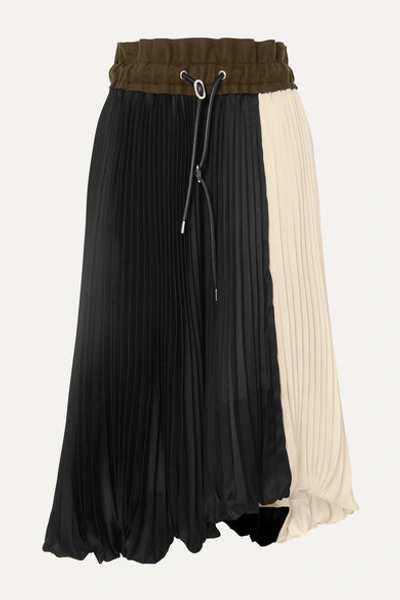 Sacai Wool Felt-trimmed Pleated Two-tone Satin Midi Skirt In Black
