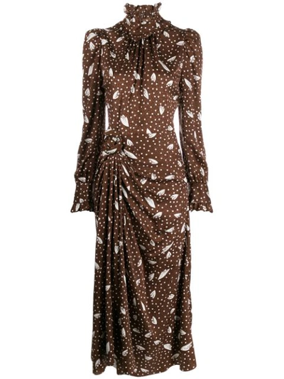 Alessandra Rich Gathered Printed Silk-jacquard Midi Dress In Brown ,white