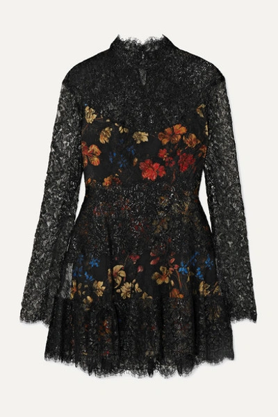 Etro Metallic Corded Lace And Floral-print Crepe Mini Dress In Black