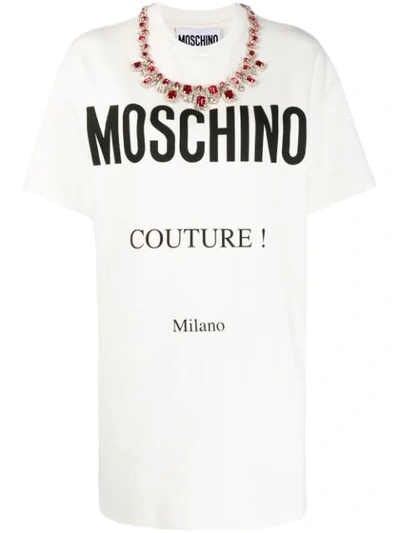 Moschino Crystal-embellished Logo-print Jersey Mini Dress In White