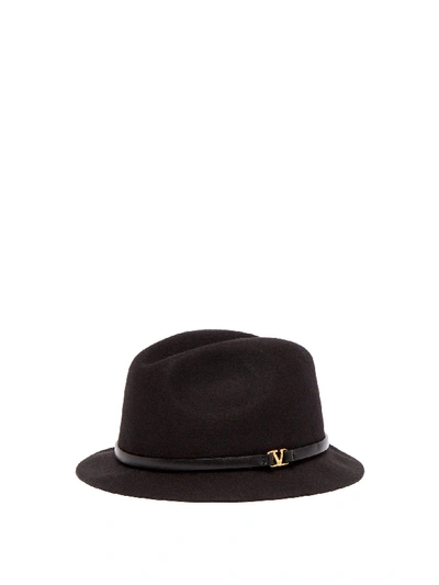 Valentino Garavani V-ring Leather-trimmed Felt Fedora Hat In Black