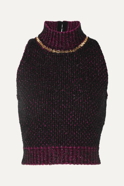 Versace Cropped Embellished Metallic Bouclé Sweater In Nero Fuxia