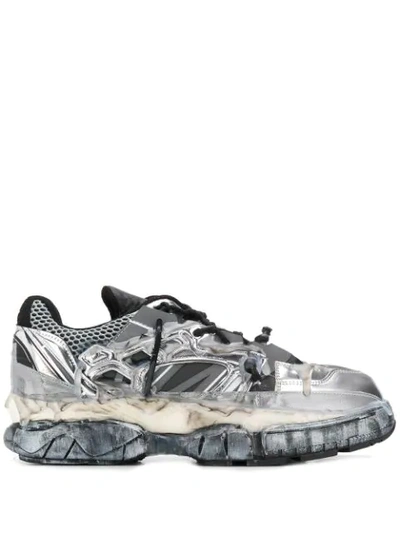 Maison Margiela Fusion Distressed Leather And Mesh Trainers In H2745 Black/white