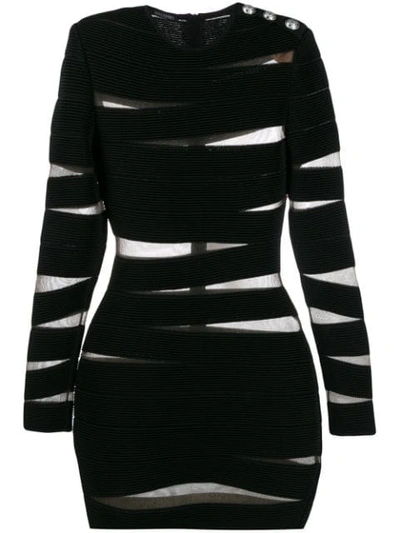 Balmain Cut Out Ribbed Knit Mini Dress W/tulle In Black | ModeSens