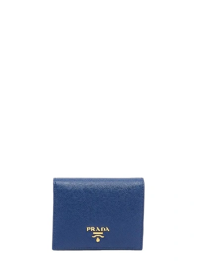 Prada Logo Button Bifold Wallet In Blue