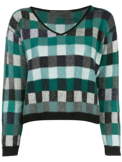 The Elder Statesman Cropped Check Knit Sweater In Green