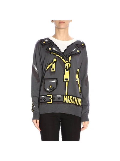 Moschino Capsule Collection Pixel Sweater With Biker Print In Grey