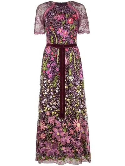 Marchesa Notte Short Sleeve Embroidered Guipure Midi-tea Dress In Wine