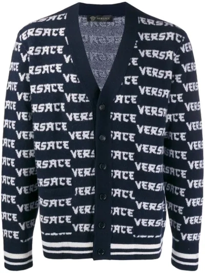Versace Logo And Striped Edges Detail Wool Cardigan In Blue
