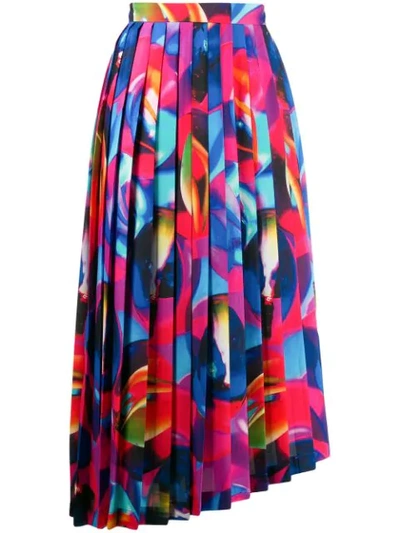 Msgm Pleated Printed Crepe De Chine Midi Skirt In Blue