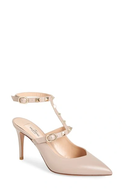 Valentino Garavani Valentino Garavini Rockstud Ankle Strap Pump In Poudre Leather