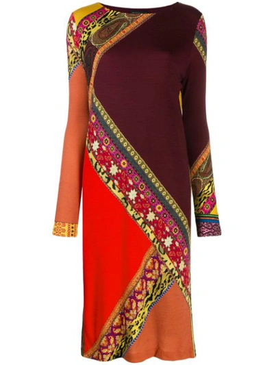 Etro Colorblock Print Long Sleeve Wool Dress In Red