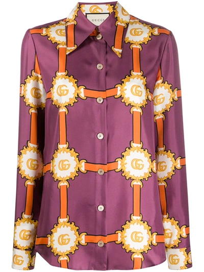 Gucci Gg Doubloon Harness Print Silk Twill Blouse In Violet/ Orange Print