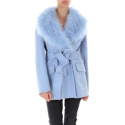 Prada Belted Fur Collar Jacket In Blue