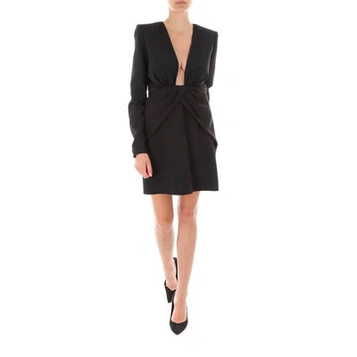 Saint Laurent Ruched Plunge Neck Dress In Black