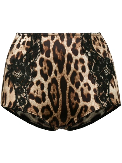 Dolce & Gabbana Lace-trimmed Leopard-print Silk-blend Satin Briefs In Multi