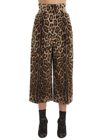 Dolce & Gabbana Leopard Print Wide Leg Cropped Trousers In Multi