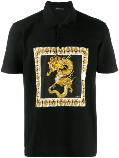 Versace Dragon Print Cotton Polo Shirt In Black